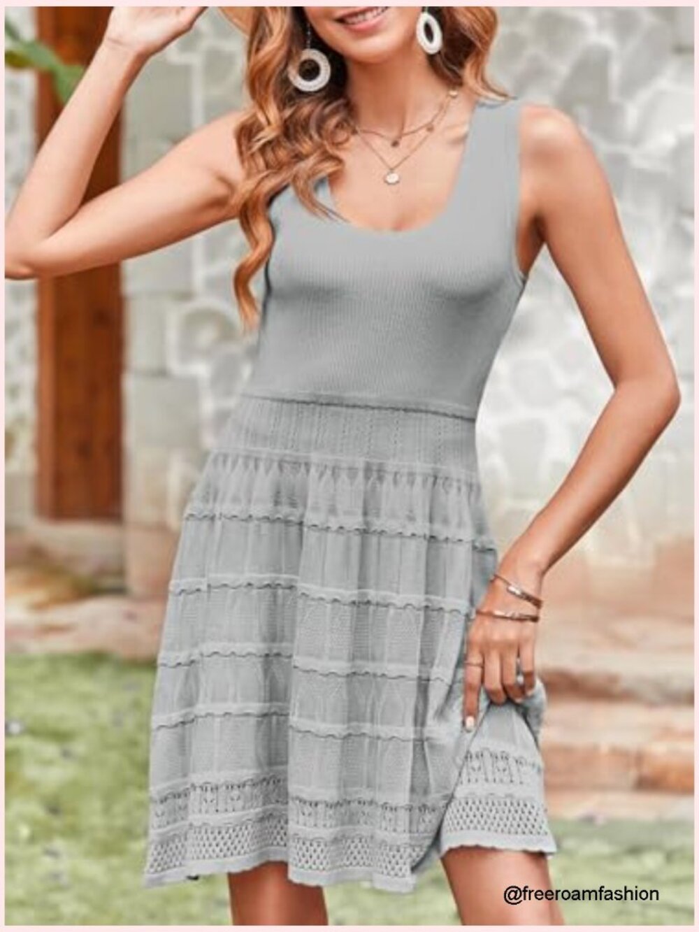 Womens Summer Mini Dress Casual Crewneck Knitted Crochet Hem Flowy Tank Sundress - Picture 2 of 7